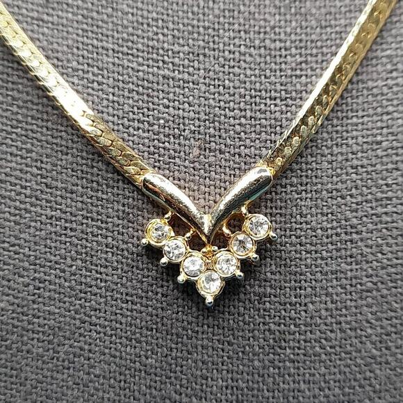 Vintage Rhinestone Choker Necklace, Clear Rhinestones, Herringbone Chain, 16 In - Picture 2 of 10